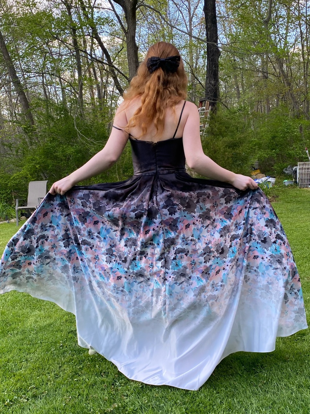 Floral Ombre Evening Prom Recital Dress - Black with Blue & Pink Accents